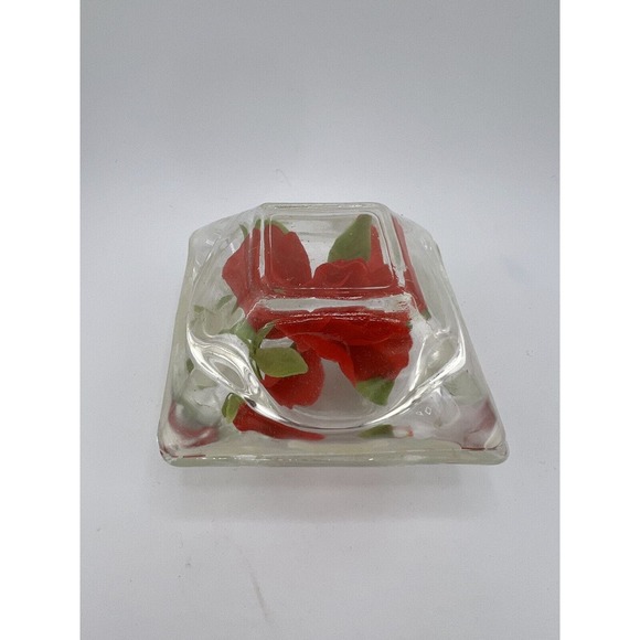 Vintage Decorative‎ Clear Red Rose Tabletop Square Paperweight - Picture 1 of 9